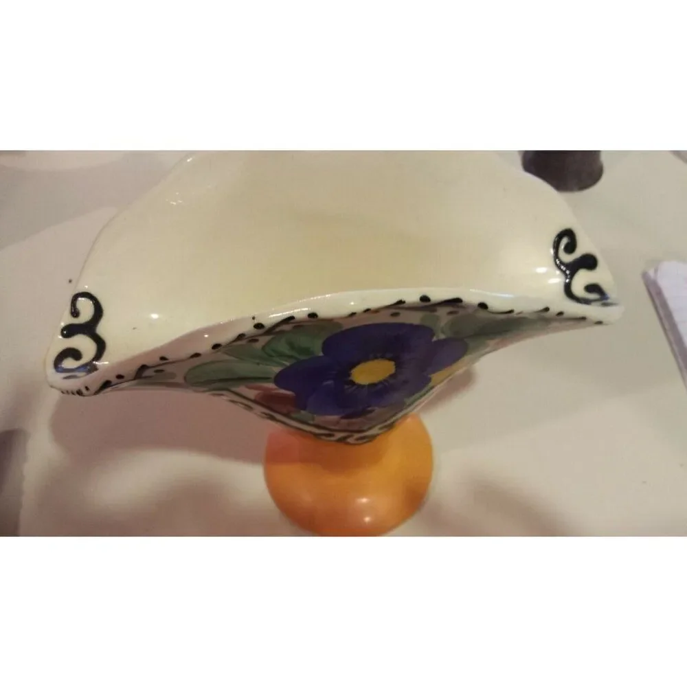 Vintage Art Deco Ceramic Fan Vase Hand Painted Yellow Blue Floral 7.5
